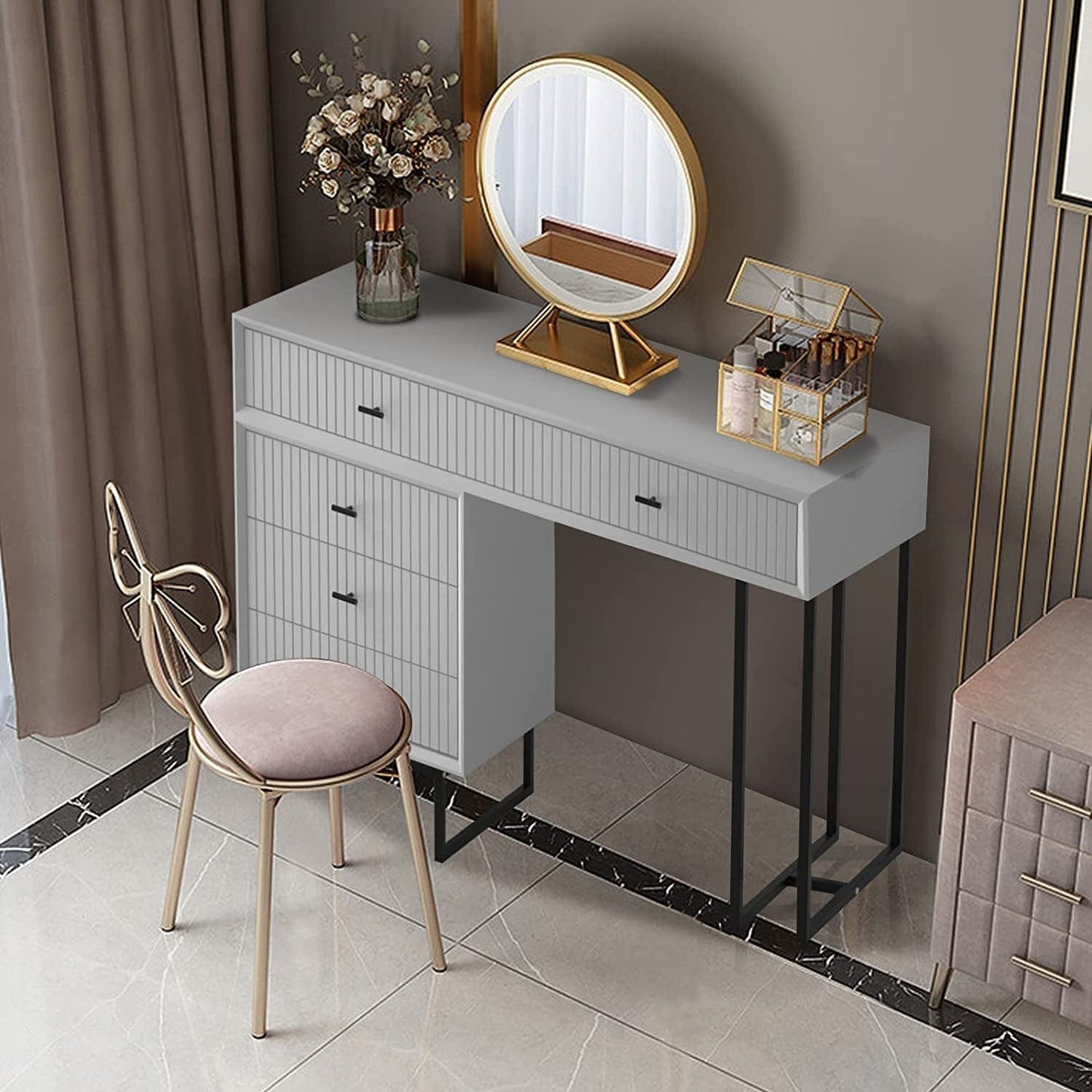 Modern White Vanity Desk – 5-Drawer Adjustable Layout with Side Cabinet