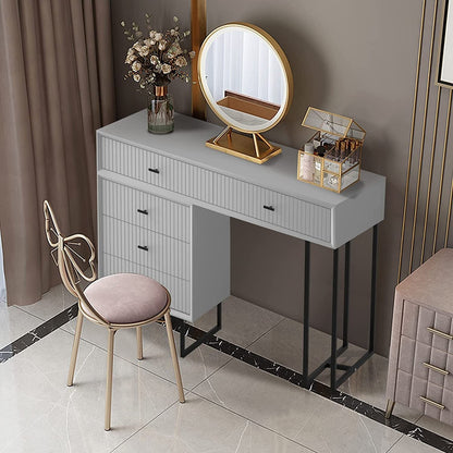 Modern White Vanity Desk – 5-Drawer Adjustable Layout with Side Cabinet