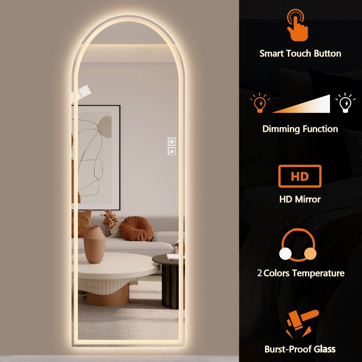 65” LED Full-Length Mirror – Arch Design, Lights, Shatter-Proof