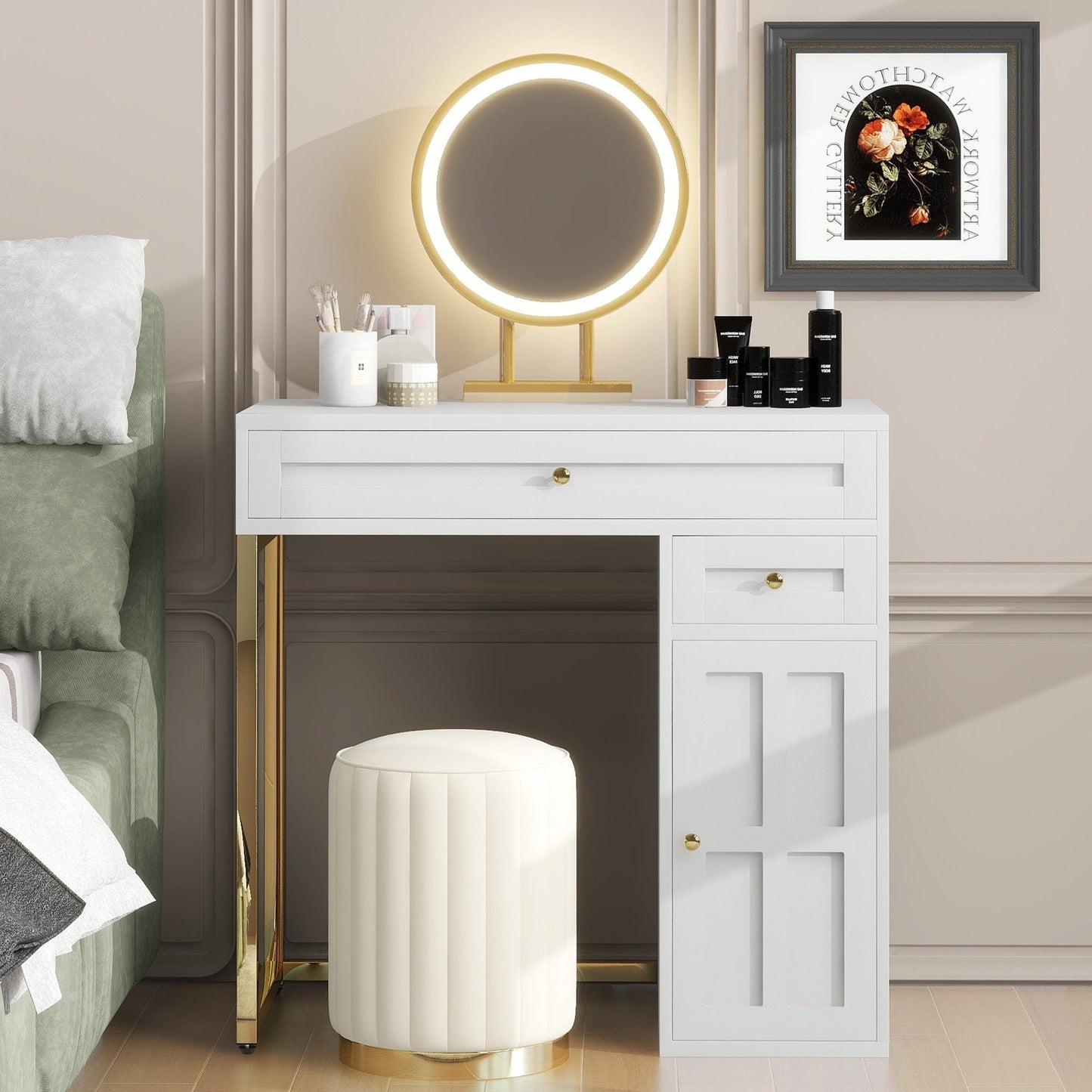 White & Gold Vanity Desk with LED Mirror – 2 Drawers, Cabinet & Touch Control Lighting