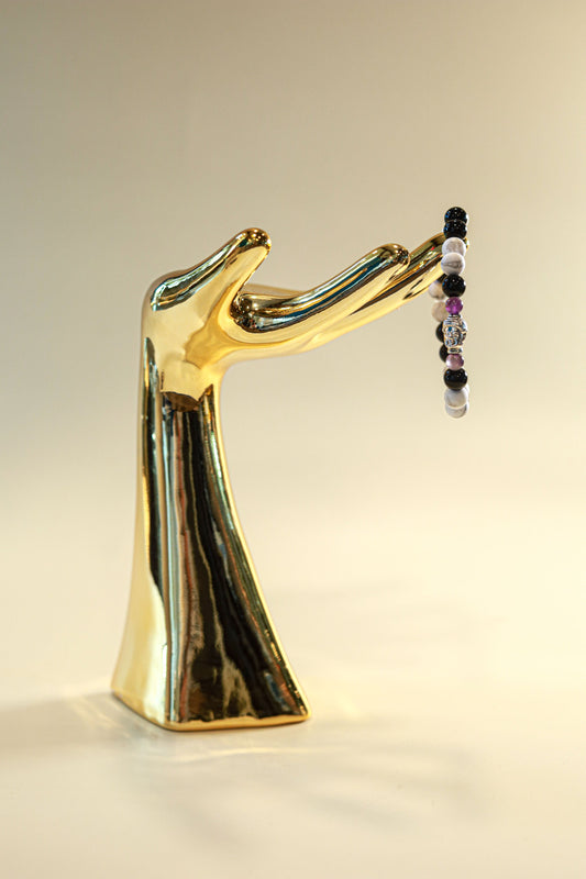 Howlite, Black Jasper & Amethyst Crystal Bracelet • Buddha Charm