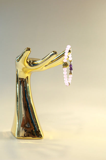 Rose Quartz, Amethyst & Howlite Crystal Bracelet • Gold Cheetah